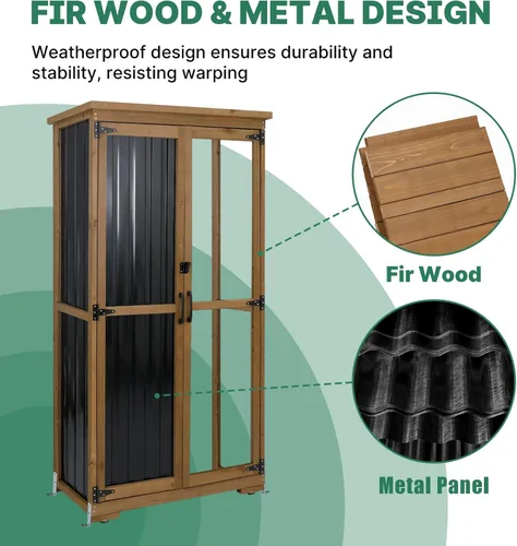Miniatura 3 de Ketive Gabinete de almacenamiento para exteriores, armario alto de jardín para herramientas con techo resistente a la intemperie, puertas con doble