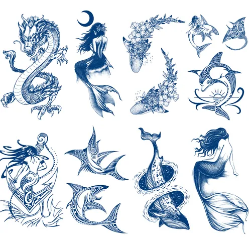 Miniatura 3 de Tatuajes semipermanentes, tatuajes temporales, 8 hojas de tinta a base de plantas tatuajes de flores azules para adultos, mujeres, niñas y niños