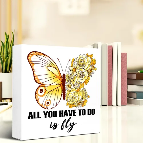 Miniatura 5 de LVQHI Letreros de madera inspiradores, placa de madera con texto en inglés "All You Have To Do Is Fly", decoración de mariposa, letrero motivacional