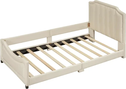 Miniatura 9 de VilroCaz Sofá cama de terciopelo tamaño individual con cabecero clásico en forma de rayas, plataforma tapizada, marco de cama de capitán