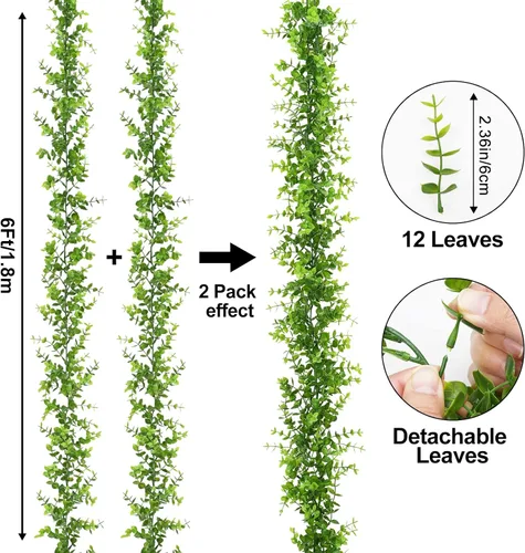Miniatura 4 de Dolicer Guirnalda de eucalipto, paquete de 2 unidades, vegetación sintética de 12 pies, guirnaldas colgantes falsas para telón de fondo de boda