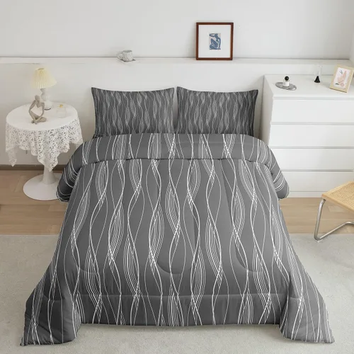 Juego de edredón geométrico, color gris y blanco, diseño de rayas de arte abstracto, tamaño individual, para niños y niñas, edredón retro Multi 26