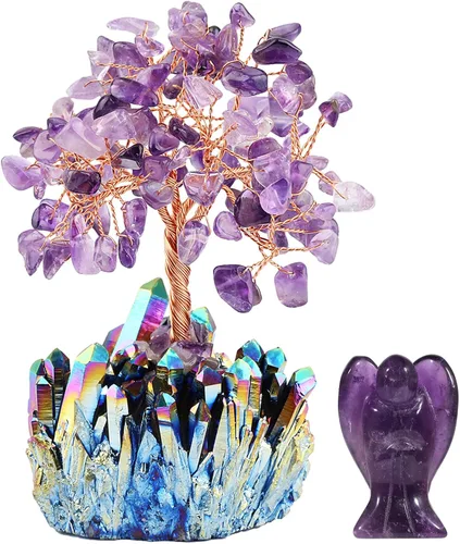 mookaitedecor Figura decorativa de árbol de dinero de cristal de amatista y figura de ángel guardián para riqueza y suerte