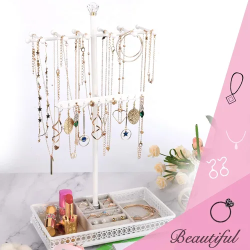 Miniatura 3 de Meangood Organizador de soporte para árbol de joyería 3 en 1, organizador de collares, pulseras, aretes y bandeja de anillos, soporte de joyería