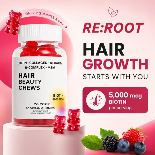 Miniatura 2 de RE:ROOT Gomitas para el crecimiento del cabello, 5,000 mcg de biotina con colágeno, queratina y MSM, soporte para cabello, piel y uñas, 60 gomitas