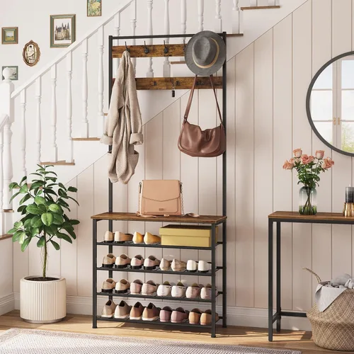 Miniatura 2 de HOOBRO Árbol de pasillo, perchero con zapatero, árbol de pasillo con banco, organizador de almacenamiento de zapatos de 5 niveles con 9 ganchos