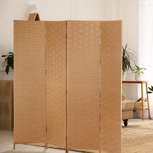 Miniatura 2 de Divisor de habitación de 4 paneles con diseño tejido de malla de madera plegable Natural