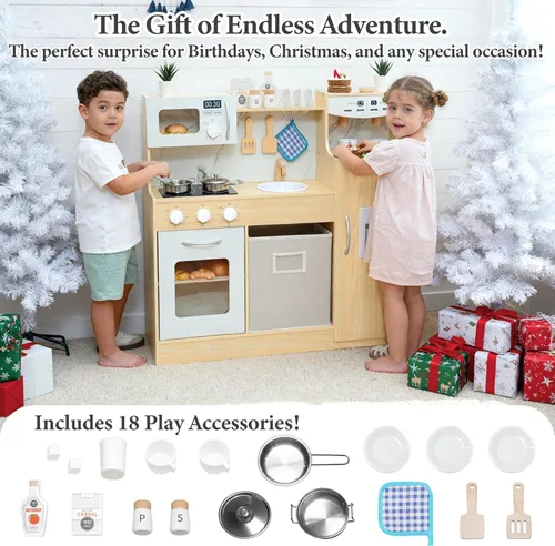 Miniatura 5 de inFUNSAME Cocina de juego de madera para niños pequeños de 3 a 5 años con sistema de almacenamiento y 18 piezas, juego de regalo de cocina compacto