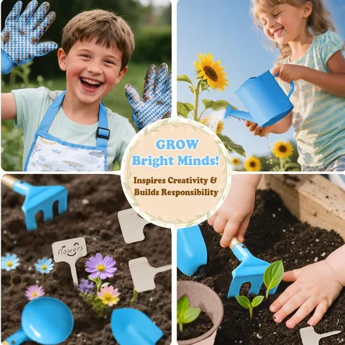 Miniatura 7 de Juego de herramientas de jardinería para niños 18 piezas, juego de jardinería para niños y niñas que incluye bolsa de mano, regadera, delantal