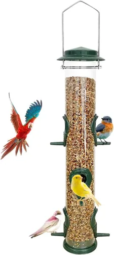 MIXXIDEA 1PK Comederos para pájaros de metal con 6 puertos de alimentación, comedero de pájaros de tubo con colgador de acero, comedero de pájaros