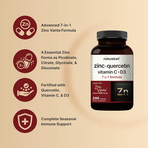 Miniatura 3 de NatureBell Zinc y Quercetina con Vitamina C y D3, 240 Cápsulas Quercetina 1,000mg + Zinc 50mg + Vitamina C 250mg + Vitamina D3 5,000 UI Soporte