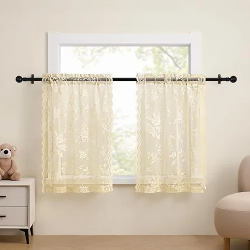 Miniatura 62 de SEEKRIGHT - 2 paneles de cortinas traslúcidas de encaje negro, cortinas góticas florales, cortinas victorianas con bolsillo para cortinero