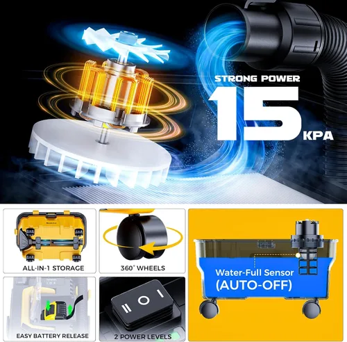 Miniatura 8 de Ecarke Aspiradora inalámbrica en seco y húmedo de 2.5 galones compatible con batería DeWalt de 20 V, aspiradora 3 en 1 con motor HEPA lavable y sin