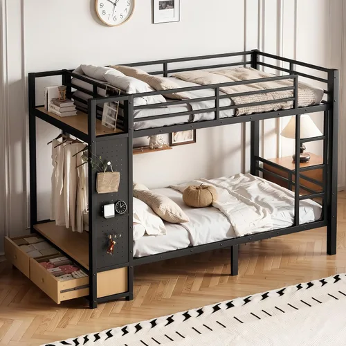 Miniatura 11 de CAPCAEK Litera de metal resistente individual XL sobre cama Queen para adultos y niños, litera individual sobre Queen con 2 escaleras