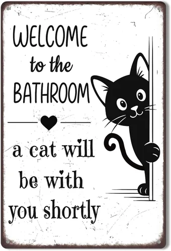 Divertida decoración de baño – Welcome to the Bathroom A Cat Will Be With You Shortly – Cartel de metal de gato negro para baño, inodoro o tocador,