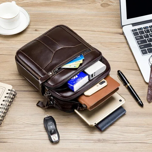 Miniatura 6 de BAIGIO Bolso bandolera de cuero genuino para hombre, bolso de mensajero pequeño para hombre, bolso de cuero para regalo de padre