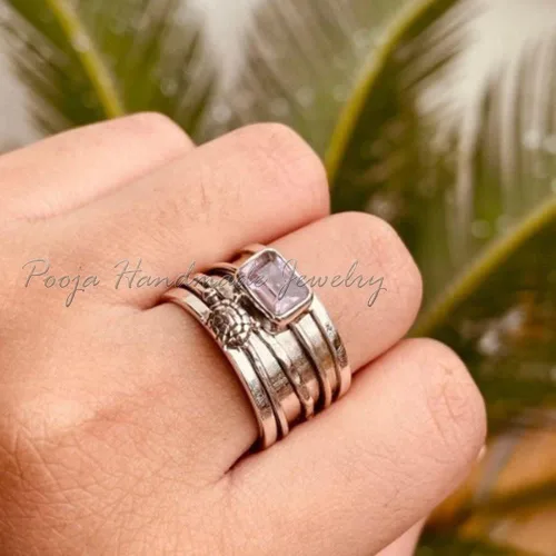 Miniatura 3 de Rose Quartz Ring Band, Spinner Ring Women, Handmade Spinner Ring, Tortuga Ring Silver, 925 Sterling Silver Ring, Fidget Spinner Ring Women, Gift For