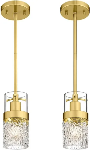 LMS Paquete de 2 Luces Colgantes Modernas, Luz Colgante Dorada Cepillada para Isla de Cocina con Vidrio Martillado, Lámparas Colgantes Ajustables