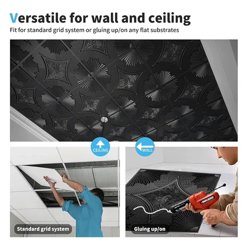Miniatura 8 de Art3d Azulejos de techo caídos de 24 x 24 pulgadas, color negro (paquete de 12, 48 pies cuadrados), paneles de revestimiento 3D con pegamento de 2 x