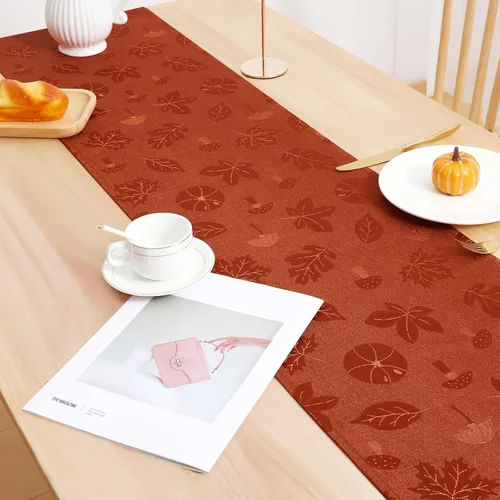 Miniatura 3 de Moosfor Camino de mesa rectangular de Acción de Gracias de 13 x 72 pulgadas, mantel jacquard impermeable de otoño con calabaza, hongos, manteles