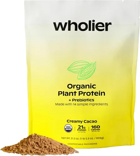 wholier Proteína vegetal orgánica en polvo + prebióticos y aminoácidos, 0.74 oz de proteína de chocolate en polvo, USDA orgánico, apoyo para la