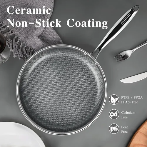 Miniatura 7 de GiPP Sartén de acero inoxidable de tres capas, sartenes híbridas de 12 pulgadas, antiadherentes, aptas para lavavajillas y horno, listas