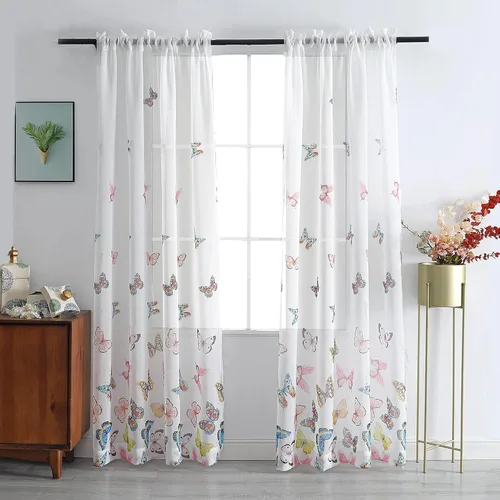 Miniatura 10 de VISIONTEX Cortinas transparentes con estampado de gasa, estilo abstracto europeo, estampado de hojas azules y amarillas, 2 paneles para decoración