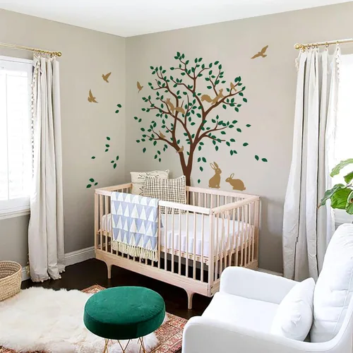 Miniatura 7 de Adhesivo decorativo de pared de árbol grande con pájaros, ardillas y conejos, conejos, decoración de guardería 095 (todo blanco)