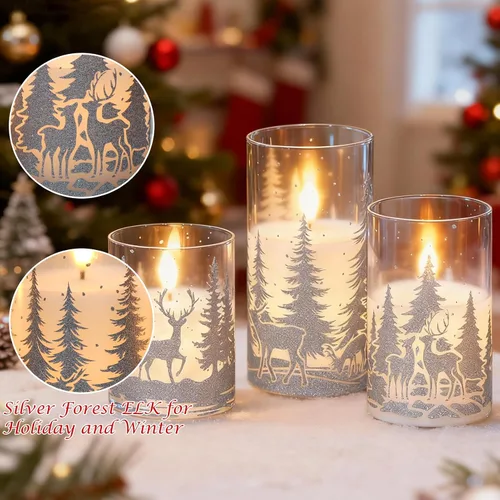 Miniatura 2 de Velas de Navidad sin llama con calcomanías de reno plateado, paquete de 3 velas LED de vidrio a pilas con temporizador remoto, velas de pilar