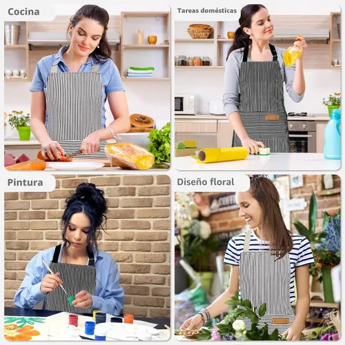 Miniatura 7 de Paquete de 2 delantales para mujer con bolsillos, delantal de cocina para hombres, delantal ajustable adecuado para chefs, camareros, horneado