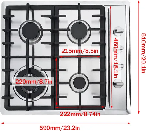 Miniatura 3 de Estufa de gas incorporada, 23 pulgadas, 4 quemadores, cocina de gas en acero inoxidable, encendido eléctrico para gas natural