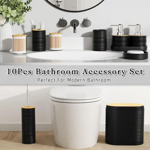 Miniatura 6 de XLHOMO Juego de 10 accesorios de baño color negro, juego de accesorios de baño de lujo con basura, cepillo de inodoro y 2 dispensadores de jabón