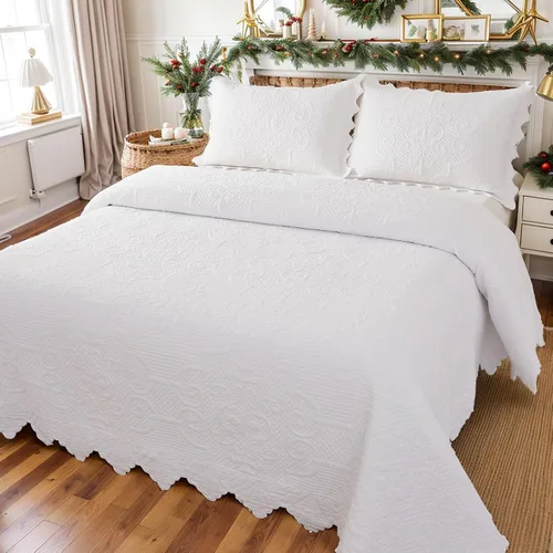 Miniatura 14 de Brandream - Juego de edredón tamaño Queen de algodón, edredones de estilo granja, ropa de cama Matelasse, colcha con borde festoneado, 3 piezas