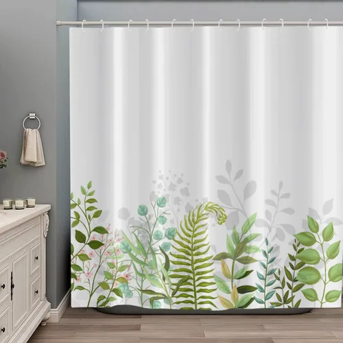 Miniatura 18 de Cortina de ducha de hoja de eucalipto, hojas verde salvia y doradas, plantas de acuarela en la parte superior, cortina de baño de tela con fondo
