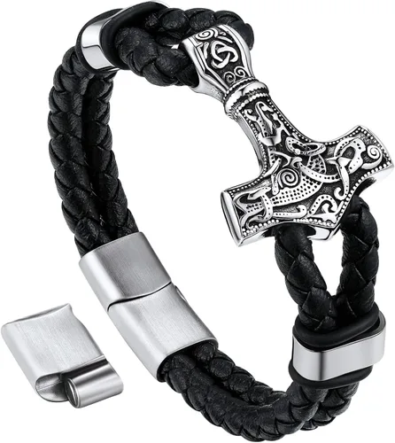 Bandmax Pulsera trenzada de cuero negro para hombre con colgante gótico punk, pulsera de cuero con hebilla de acero inoxidable, paquete de regalo