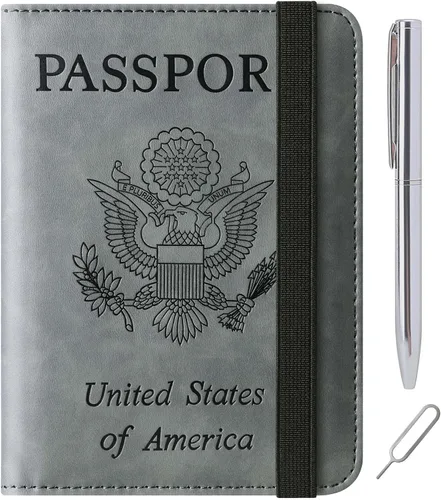 Miniatura 24 de Funda para pasaporte, cartera, artículos esenciales de viaje, de cuero, estuche con bloqueo RFID, equipaje de vacaciones, artículos imprescindibles