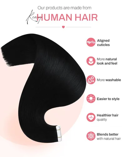 Miniatura 3 de Moresoo Extensiones de cabello humano con cinta adhesiva #1, color negro azabache, extensiones de cabello humano con cinta invisible, extensiones