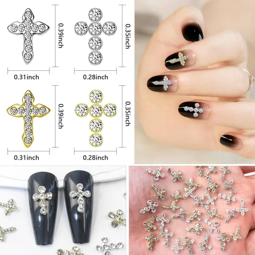 Miniatura 2 de 40 dijes de cruz 3D para uñas, dijes de cruz dorada y plateada para uñas, dijes de cruz con diamantes de imitación transparentes 3D, accesorios