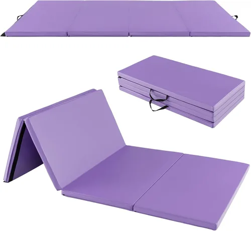 GYMAX Colchoneta de gimnasia, 4 x 8 x 2 pulgadas, plegable, gruesa, con asas de transporte y costuras resistentes, cubierta de piel sintética Púrpura