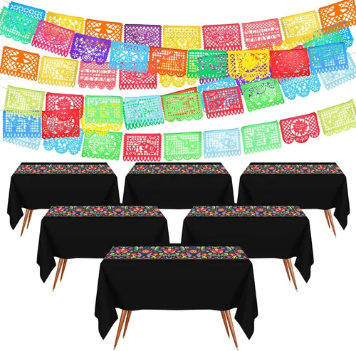 Preboun Mantel de plástico mexicano y pancarta de papel picado mexicano, suministros de decoración de fiesta, cubierta de mesa para mesas Estilo