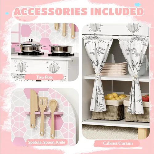 Miniatura 3 de Arlopu Set de Cocina de Juego, Juego Interactivo de Chef de Simulación para Niños con Gabinete con Cortina, Estufa con Perillas que Hacen Clic, Rosa