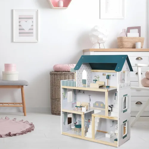 Miniatura 6 de Lil' Jumbl Casa de muñecas de madera para niños, incluye 17 piezas de accesorios y muebles, con balcón y escaleras, casa de muñecas de 3 pisos fácil