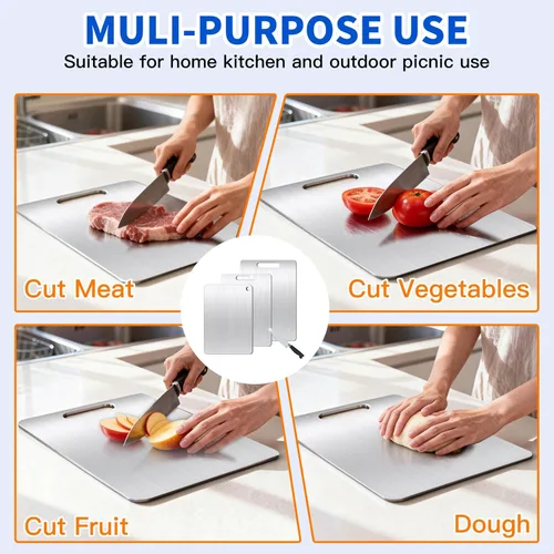 Miniatura 6 de Juego de 3 tablas de cortar de titanio para cocina, tablas de cortar de doble cara de metal de grado alimenticio para encimera de cocina, carne