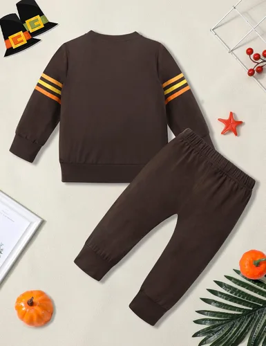 Miniatura 7 de WIQI Toddler Baby Boy Thanksgiving Outfit Turkey Letter Print Long Sleeve Striped Tops + Long Pants Thanksgiving Outfit Set