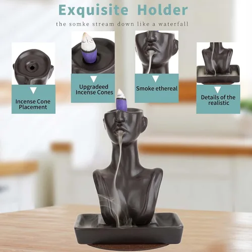Miniatura 3 de YYW - Estatua de soporte de incienso con reflujo, quemador de incienso en cascada, ornamento de aromaterapia, decoración del hogar con conos de Negro