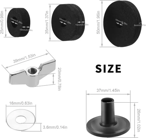 Miniatura 2 de 21 piezas de platillos accesorios de repuesto para platillos de fieltros, copa de fieltro de embrague Hi-Hat con mangas, tuercas de ala de base