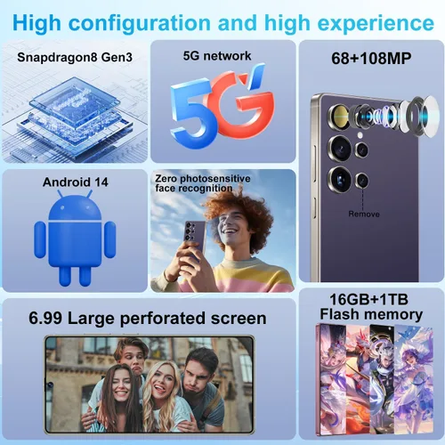 Miniatura 2 de WWT Teléfono I25 Ultra desbloqueado, Android 14 16+1TBGB, bolígrafo integrado, batería de teléfono celular 7000 mAh, pantalla HD de 6.99 pulgadas