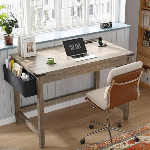 Miniatura 3 de EnHomee Escritorio rústico de 32 pulgadas, escritorio pequeño para dormitorio con toma de corriente y bolsa de almacenamiento, escritorio resistente