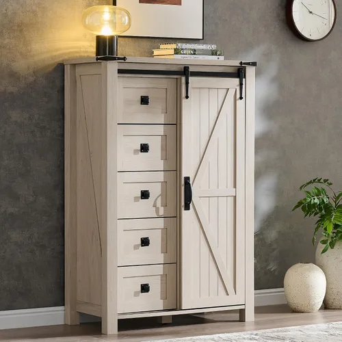 Miniatura 14 de T4TREAM Cómoda de 5 cajones para dormitorio con puerta de granero deslizante, cómoda moderna alta de estilo granja, 5 cajones, organizador de Roble