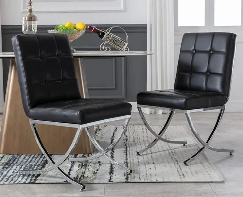 EALSON Juego de 2 sillas de comedor modernas, tapizado de cuero negro con lengüetas de metal cromado y respaldos altos copetudos, sin brazos, para